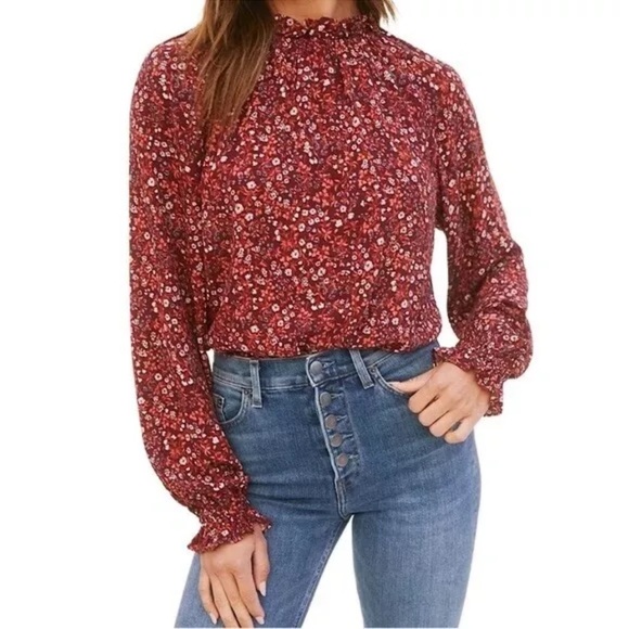Reformation Jeans Theodora Red Floral Top Long Sleeve - Picture 1 of 6